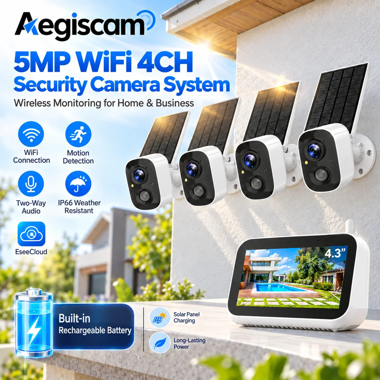 Zestaw 4-kanałowych kamer NVR 5MP z ekranem 4,39 cala, zasilanych energią słoneczną, z funkcją PTZ, Wi-Fi, do użytku na zewnątrz, bezprzewodowy zestaw kamer do monitoringu, alarm z syreną,