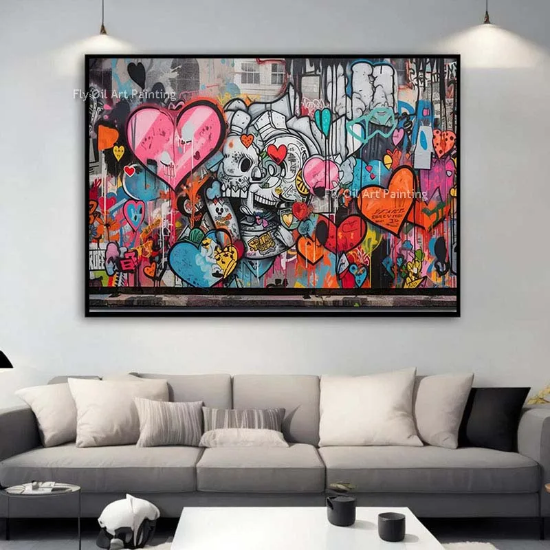 Modern Street Graffiti Oil Painting Colorful Love Hearts Wall Art Hand Painted Abstarct Canvas Painting For Home Decor Unframed