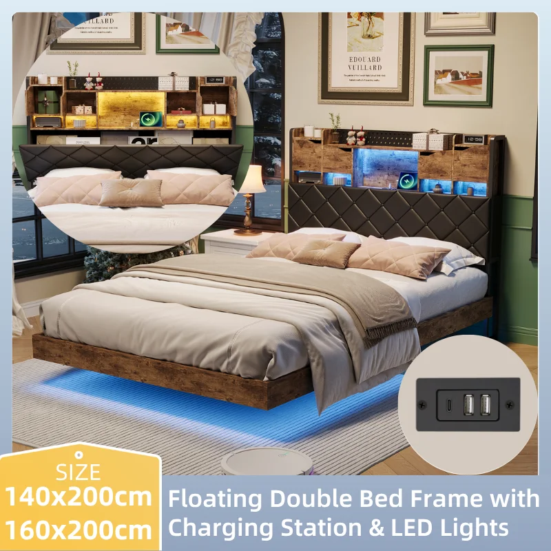 Base de cama flotante doble de 140/160 cm con estación de carga e iluminación LED ajustable, cabecero con almacenamiento integrado, cama con somier de láminas metálicas sin colchón