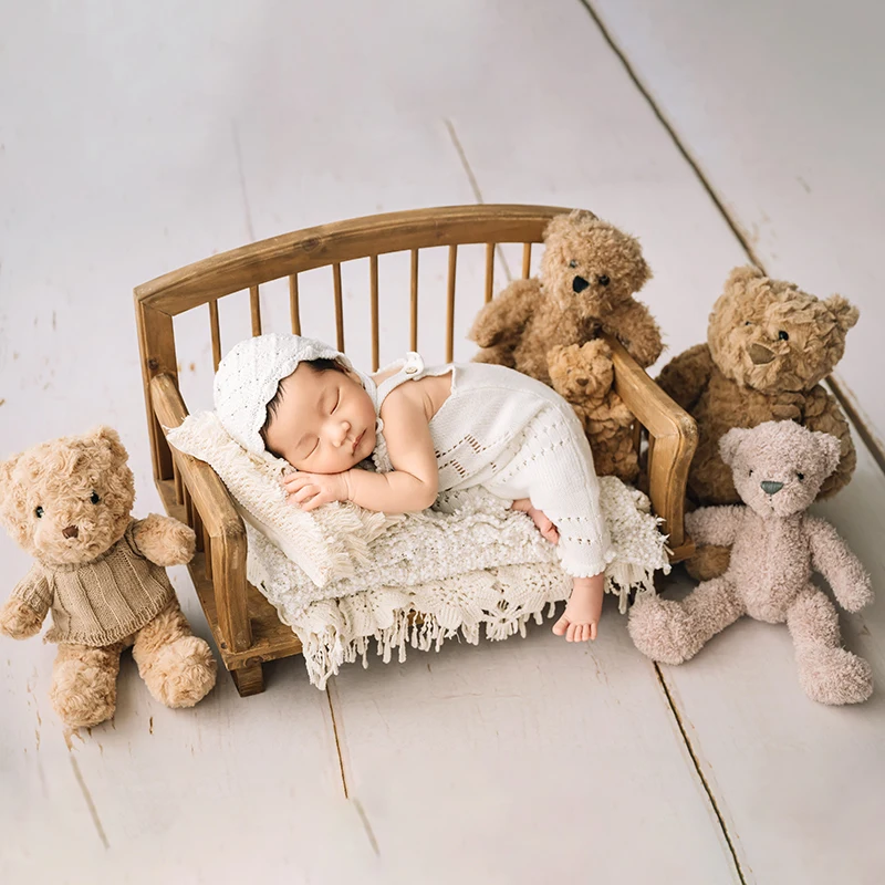 Knitted Newborn Shoot Clothing White Baby Hat Jumpsuit Set Tassel Pillow Blanket Photo Props Cute Bear Photography Decoration