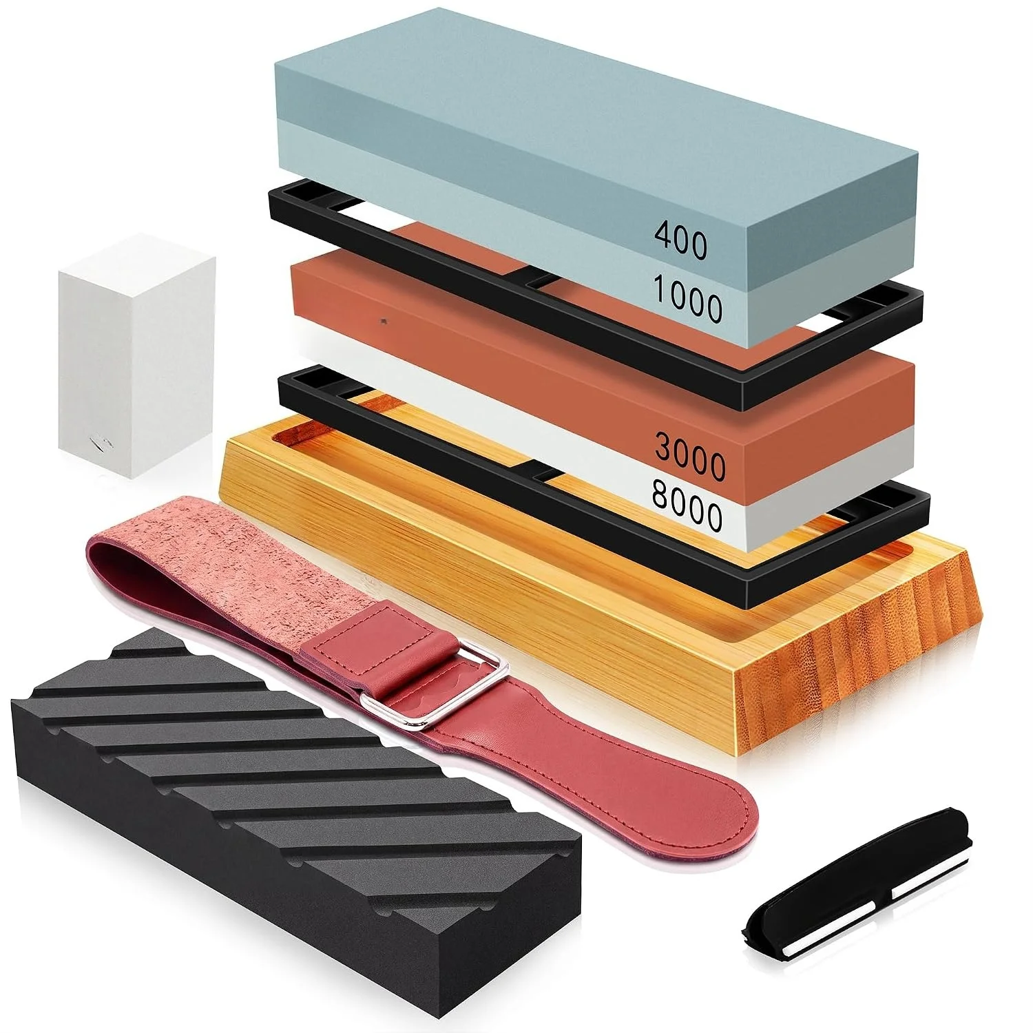 Knife Sharpening Stone Set, 4-Sided Whetstone Kit with 400/1000/3000/8000 Grit, Bamboo Base, Angle Guide and Leather Strop