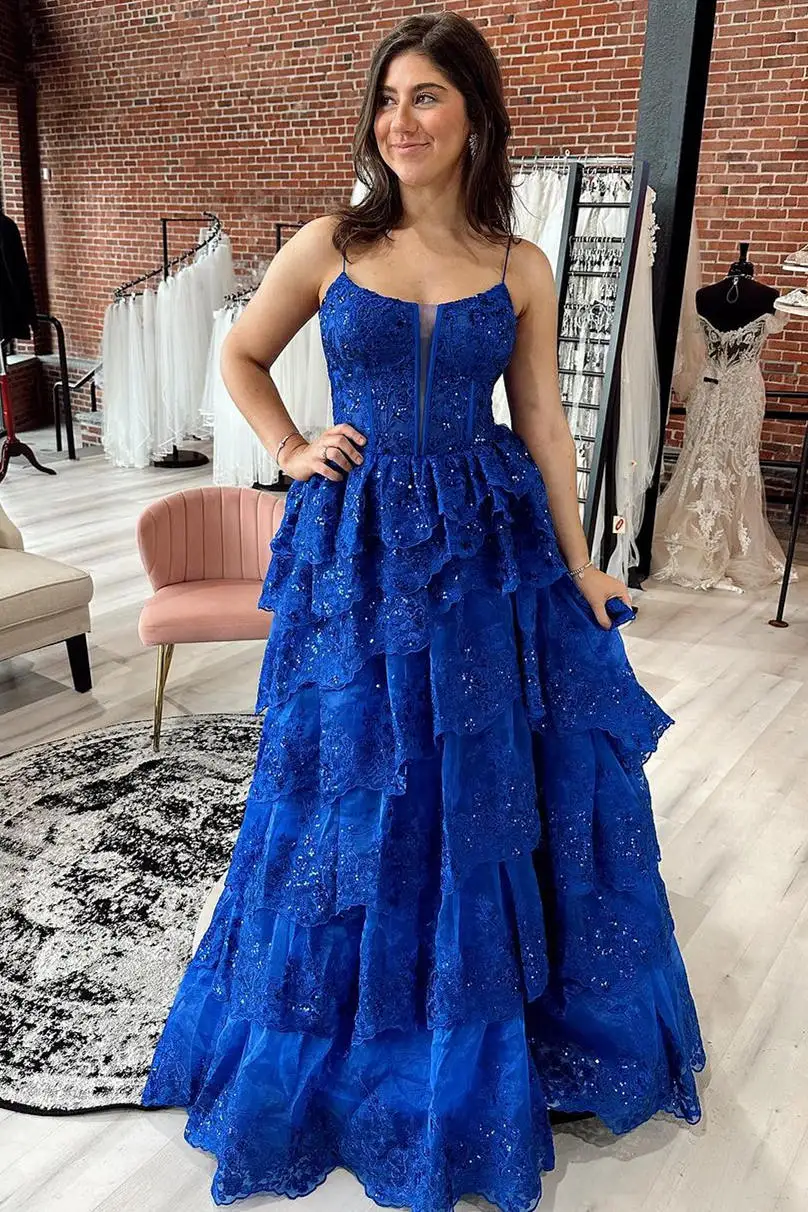 Tulle Spaghetti Straps A-line Prom Dresses Sleeveless Lace Up High Split Cake Dress Appliques Sequins Tiered Princess Dress