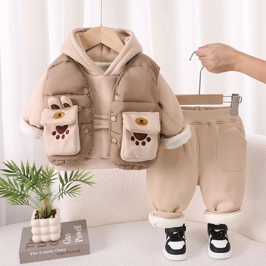 Winter New Baby Hooded Cotton Coat Long Sleeve Set for Boys and Girls\' Vest with Velvet and Thickened Casual Three Piece Set
