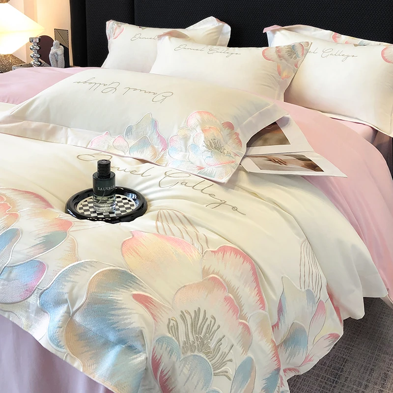 White Egyptian Cotton Bedding Set Luxury Flowers Embroidery Duvet Cover Solid Color Bedspread Sheet Pillowcase Mattress Cover