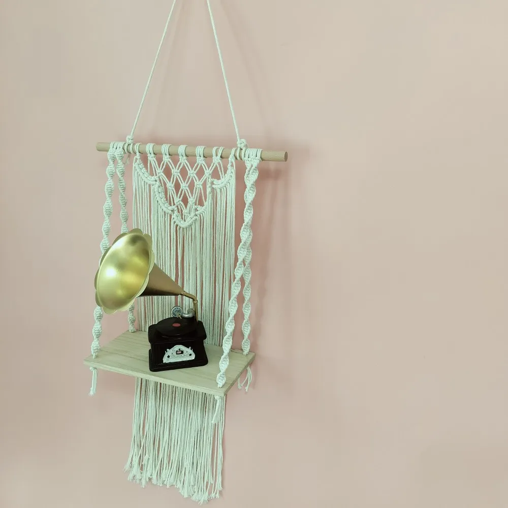 

Macrame Hanging Shelf Cream White Wall Floating Shelf Boho Bedroom Living Room Decor Handcrafted Plant Hanger With Wood Plank