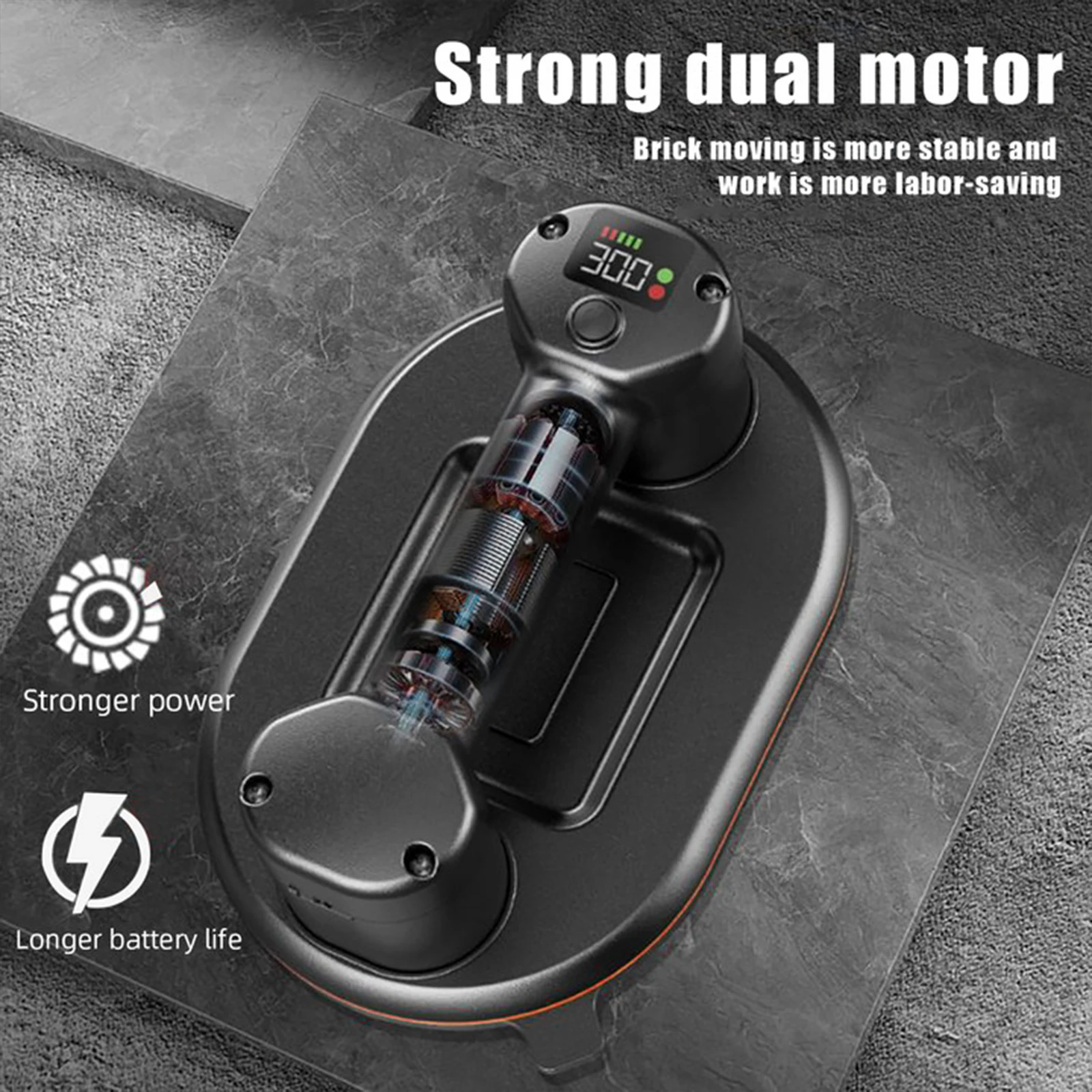 300 kg Tragkraft, industrietauglicher elektrischer Vakuumsaugnapf, Hochleistungsheber, Doppelmotor, 3600 mAh Batterie, automatische Luftversorgung zum Heben von Fliesen, Glas und Stein. – Detail 10