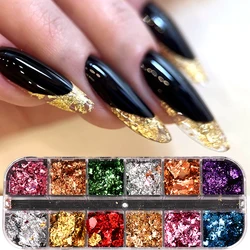 12Grids Holographic Gold Foils Nail Flakes Splendor Leaf Craft Irregular Aluminum Paillette DIY Polish Decoration Glitter LYS45