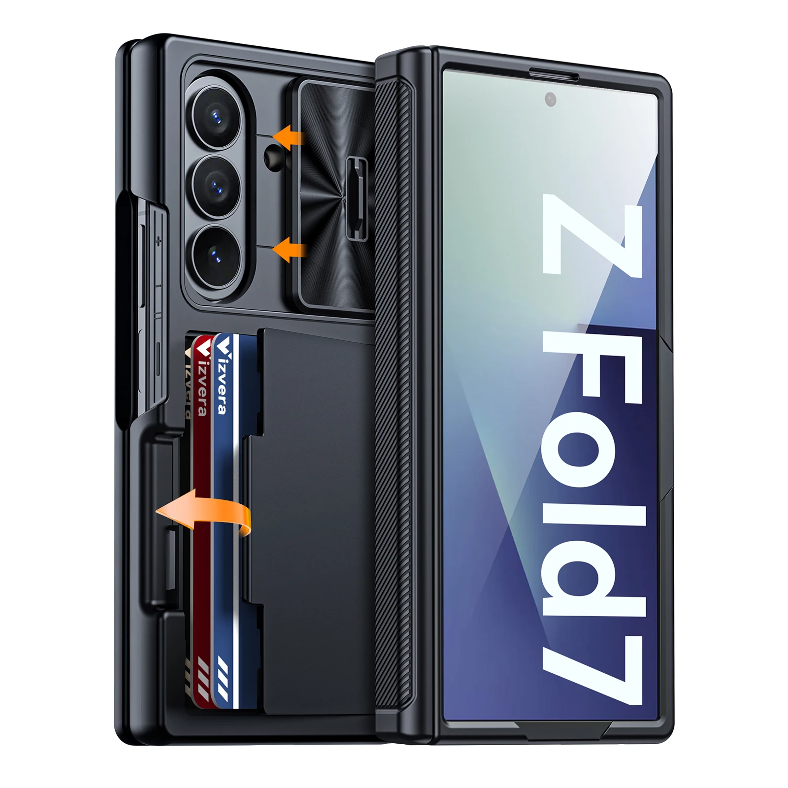 voor Galaxy Z Fold 7, hoesje, RFID-portemonnee met kaarthouder, scharnierhoes, camerahoes, schokbestendig siliconen beschermend telefoonhoesje-zwart - afbeelding 2
