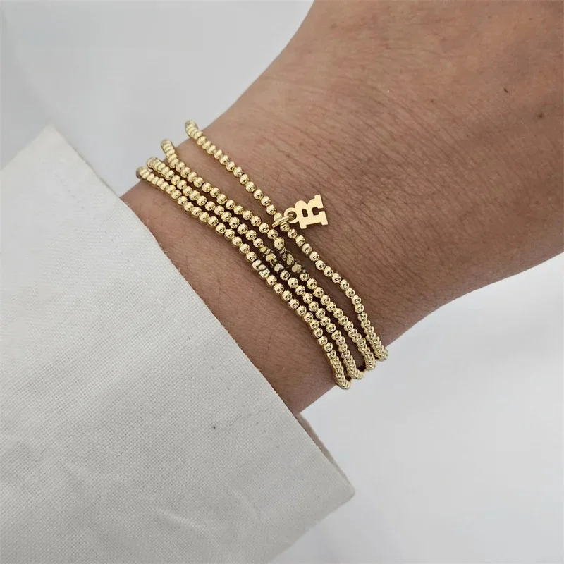 4 szt. Ręcznie robiona spersonalizowana bransoletka z koralików 14K wypełniona złotem elastyczna bransoletka niestandardowa biżuteria z literami bransoletki Boho biżuteria w stylu Vintage — zdjęcie 2