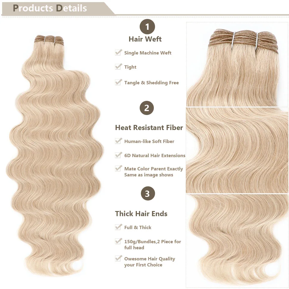 M618-Body Wave Synthetic Hair Weave Bundles, Soft Human-Like Fiber, resistente ao calor, corpo fosco, rabo de cavalo, 150g