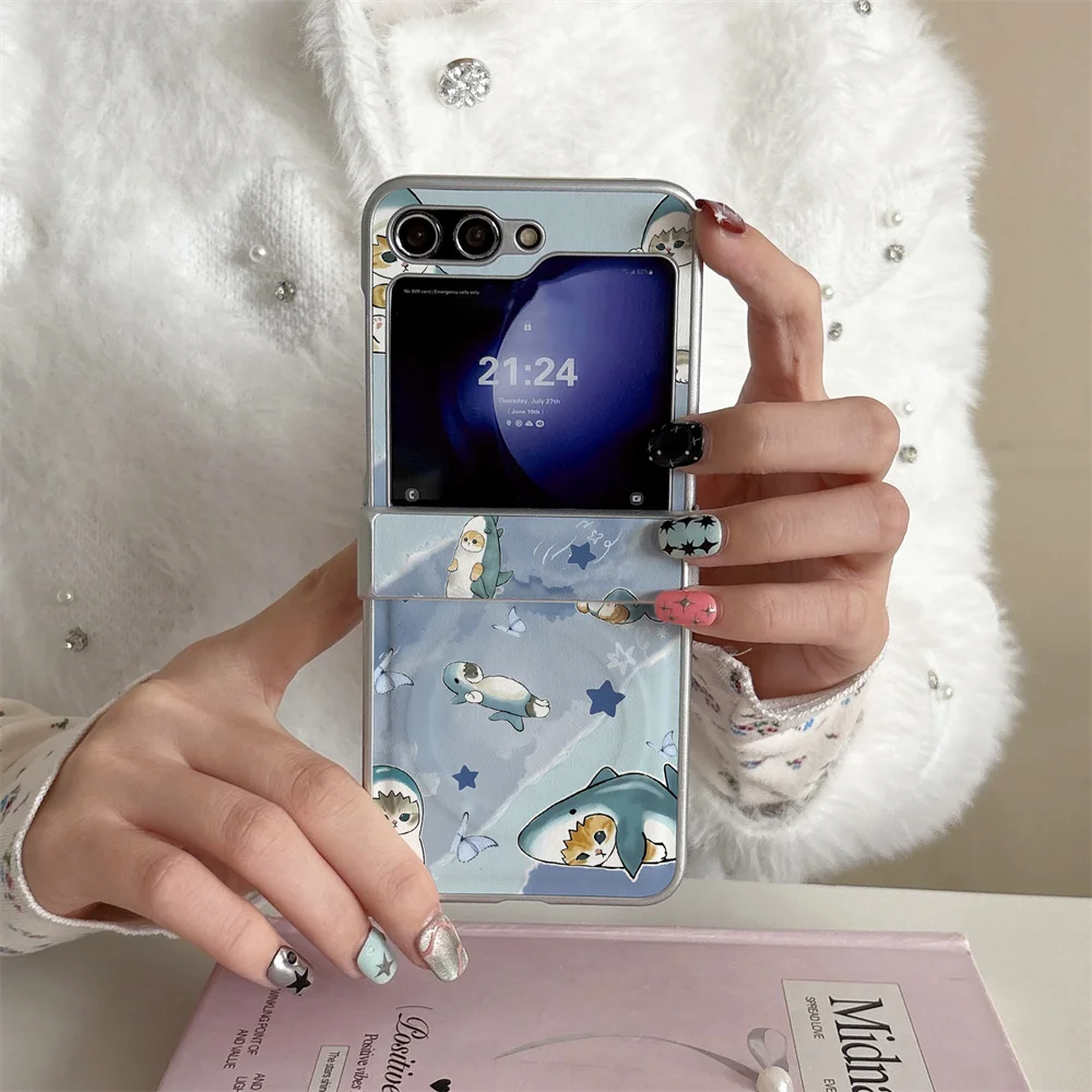 Ins Shark Cat PU Skin Patch Suitable for Samsung Galaxy Z Flip8 7 6 5 4 Flip 5 Flip 6 Flip 4 Fro All Inclusive Fro Magnetic Phon