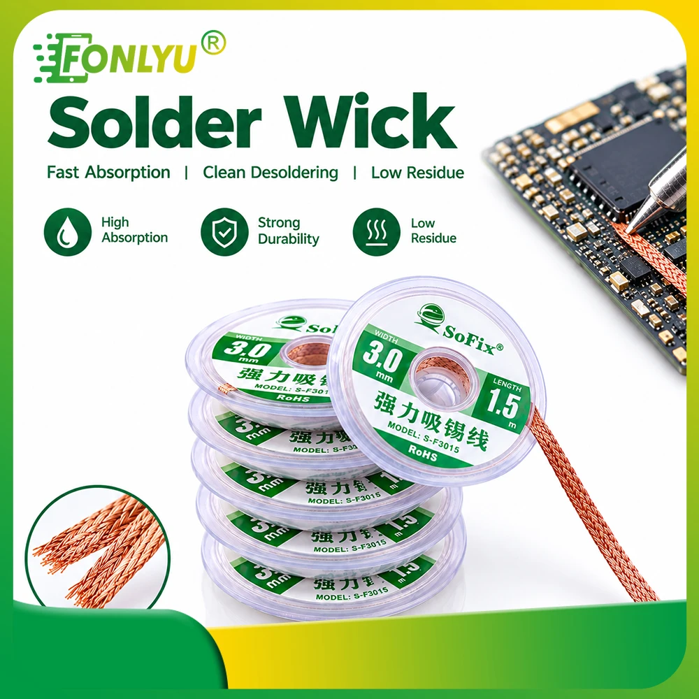 SOFIX 5PCS 3.0mm Solder Wick Desoldering Braid Copper Solder Removal Tape for PCB IC Chip Motherboard Phone Repair Rework Tool