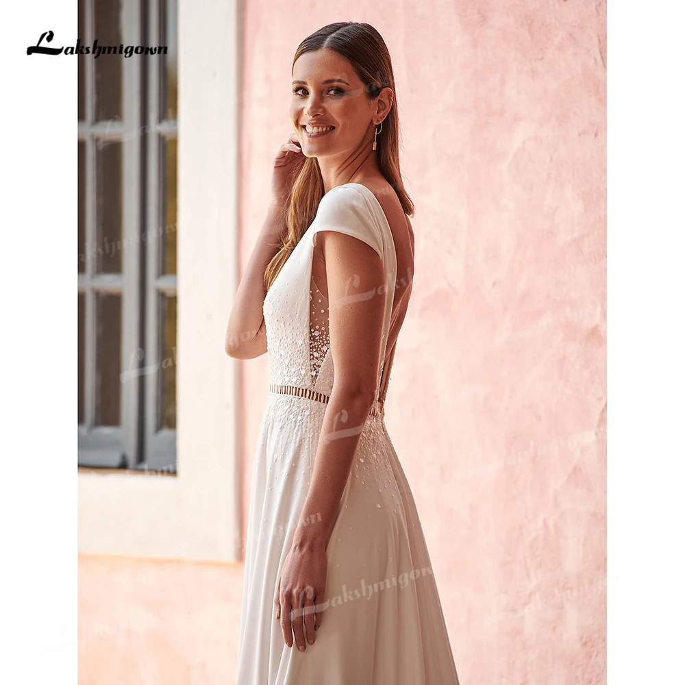 Sexy spacchi laterali O collo manica corta con cappuccio aperto sul retro in Chiffon di pizzo A Line abito da sposa per le donne abito da sposa vestidos de noiva robe