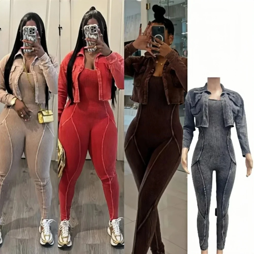 FAGADOER Wysokiej jakości ściągacz damski 2-częściowy zestaw moda z długim rękawem Crop Jacket + Bodycon Jumpsuits Odzież 2023 Nowość — zdjęcie 2