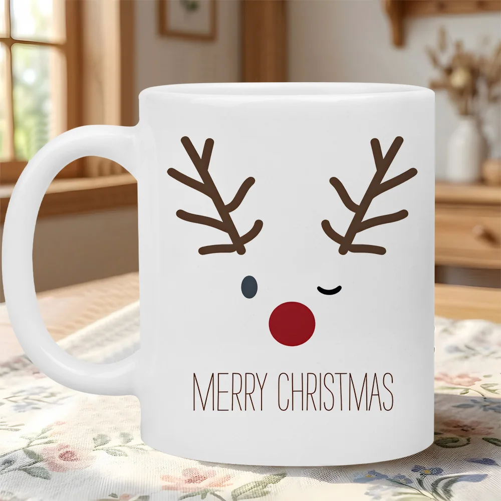 Merry Christmas Mug】1 Piece, 11 oz Ceramic Coffee Mug, Simple Winking Rudolph Reindeer Design, Merry Christmas Mug, Heat-Resistant and Reusable, Dishwasher Safe, Perfect Christmas Secret Holiday Gift for Family, Friends, and Colleagues