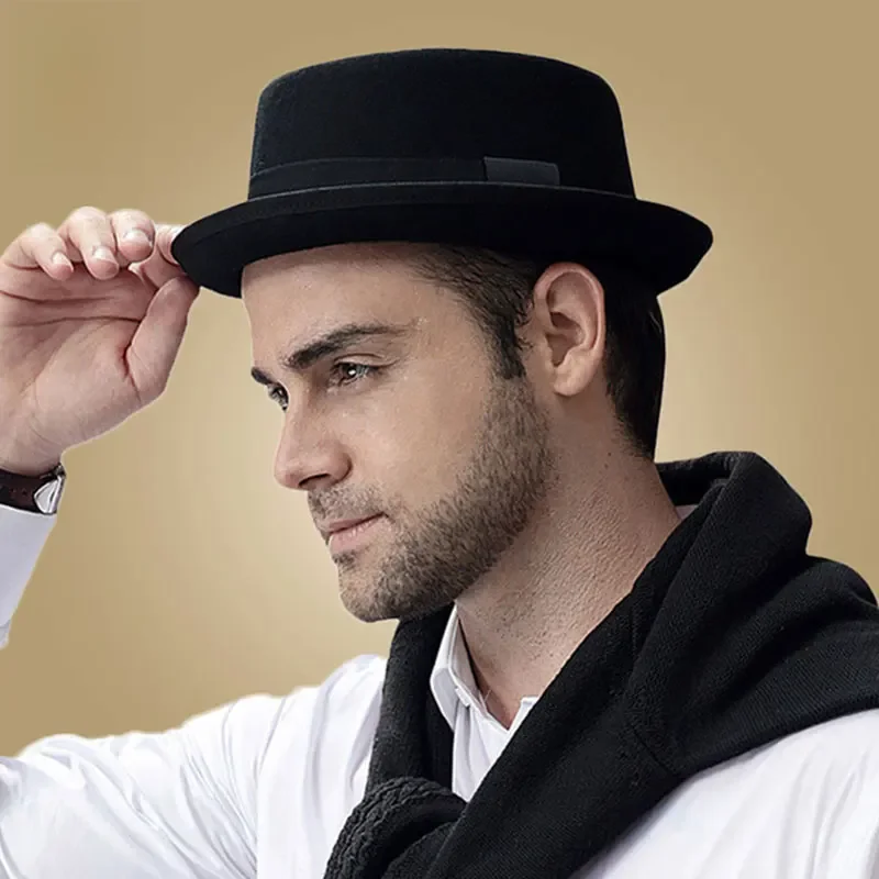 Vintage Pork Pie Hat dla mężczyzn Szerokie rondo Wełniany filc Czarny Fedora Church Jazz Ribbon Trilby Panama Gangsters Caps Gentleman's Style — zdjęcie 2