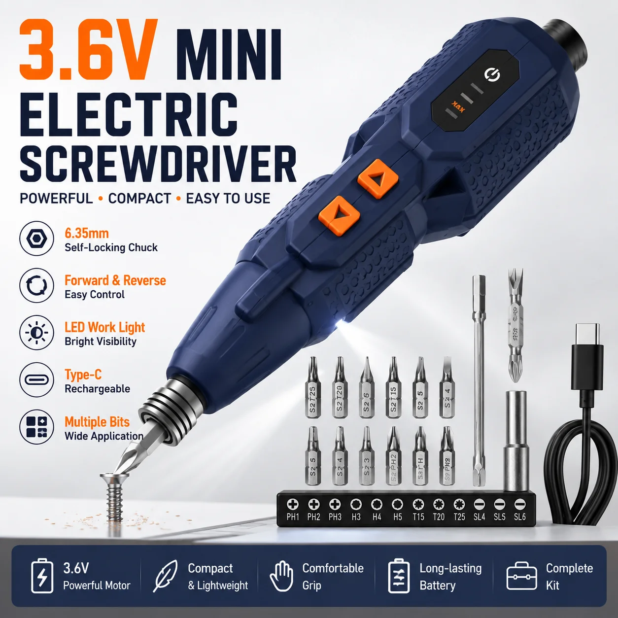 3.6V Mini Cordless Electric Screwdriver Rechargeable Type-C Power Screwdriver Kit with LED Light Forward Reverse Bits Set