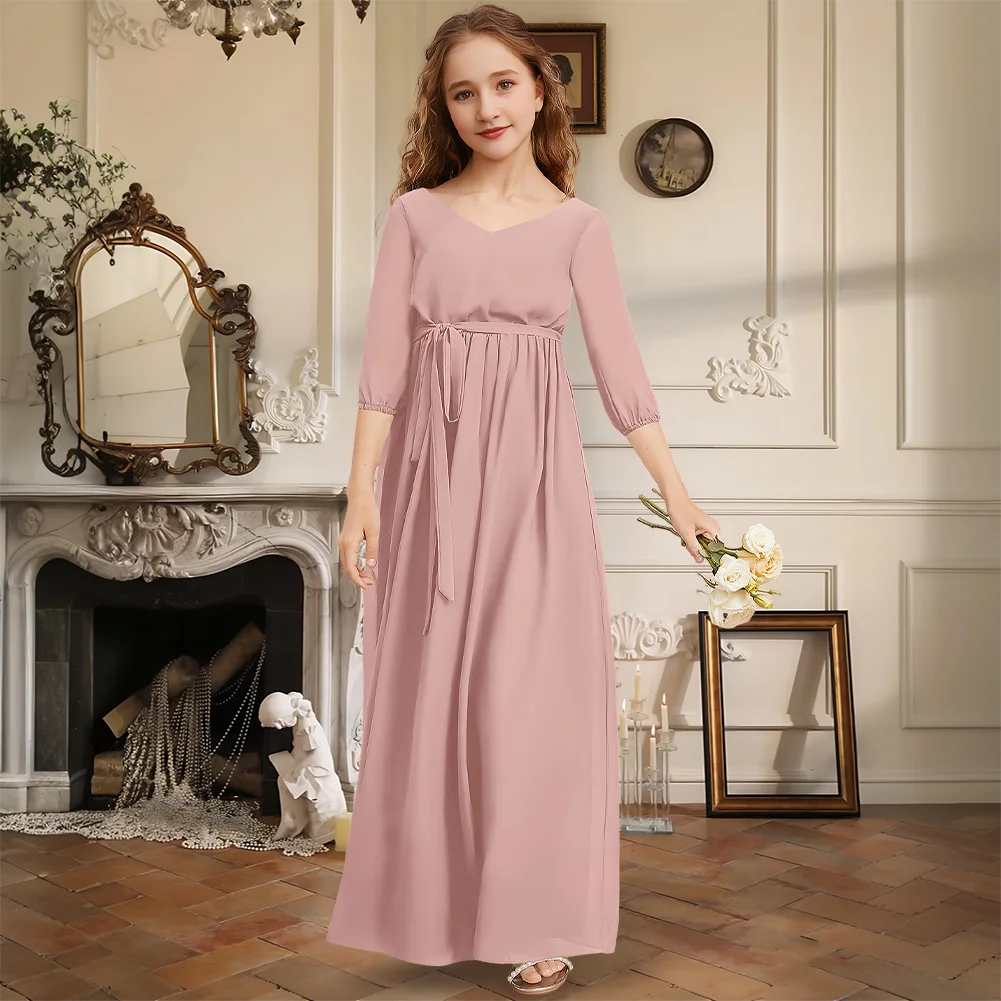 

Elegant V-Neck Floor-Length Chiffon Junior Bridesmaid Dress With Belt 3/4 Sleeve Girls Party Dresses Ivory Flower Girl Dress