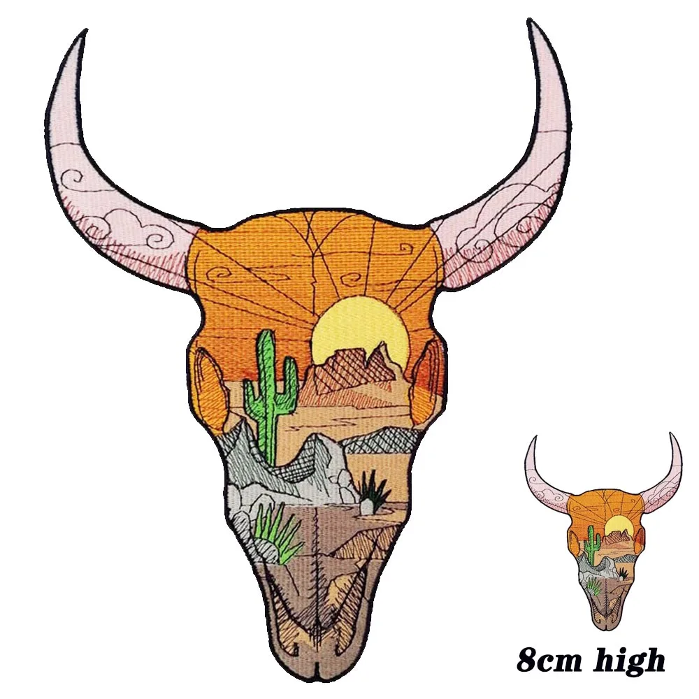 Hot Sale Western Desert Cow Bull Patches Iron On Embroidery Patch Animal Skull Skeleton Patch Alternative Fashion Accessory Hat