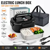 Lonchera eléctrica, calentador de comida portátil de 1.5L para coche y oficina, multivoltaje 12V/24V/220V con contenedor de acero inoxidable