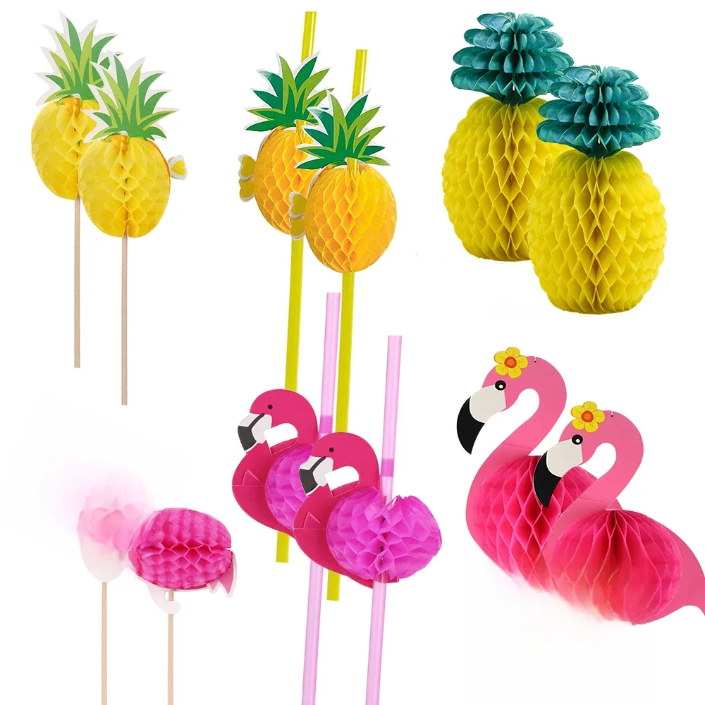 1 ensemble de décoration de gâteau en nid d'abeille, ananas, flamant rose, pailles en papier, décoration de fête d'anniversaire pour enfants, ornements de fête à la piscine d'été