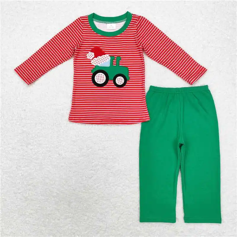 Match Children Embroidered Santa Hat Tractor Stripe Red Long Sleeve Green Pants Set Wholesale Boutique Fashion Children Clothing