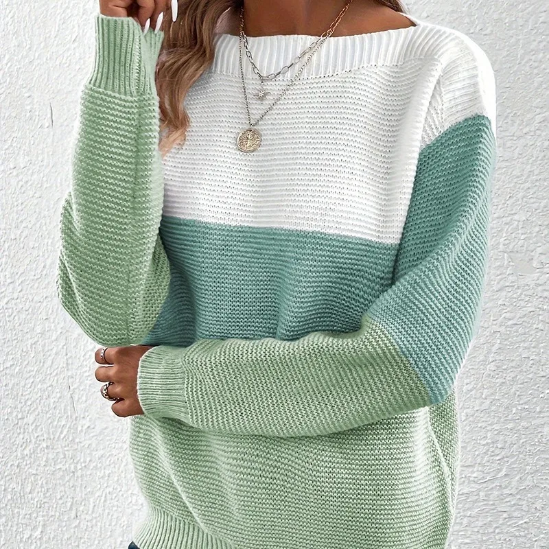 Elegant Three-color Patchwork Sweater Women\'s Round Neck Splicing Knitted Sweater Female Autumn Winter Thickened Warm Pullovers