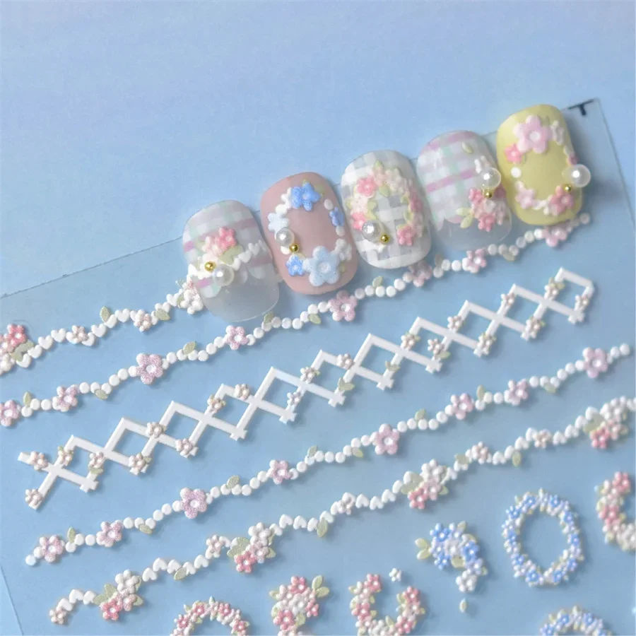 1pcs 5D Relief Japanese Gradient Flower Wreath Nail Art Stickers Self-Adhesive Pink Blue DIY Nail Decals Decorations Accessories