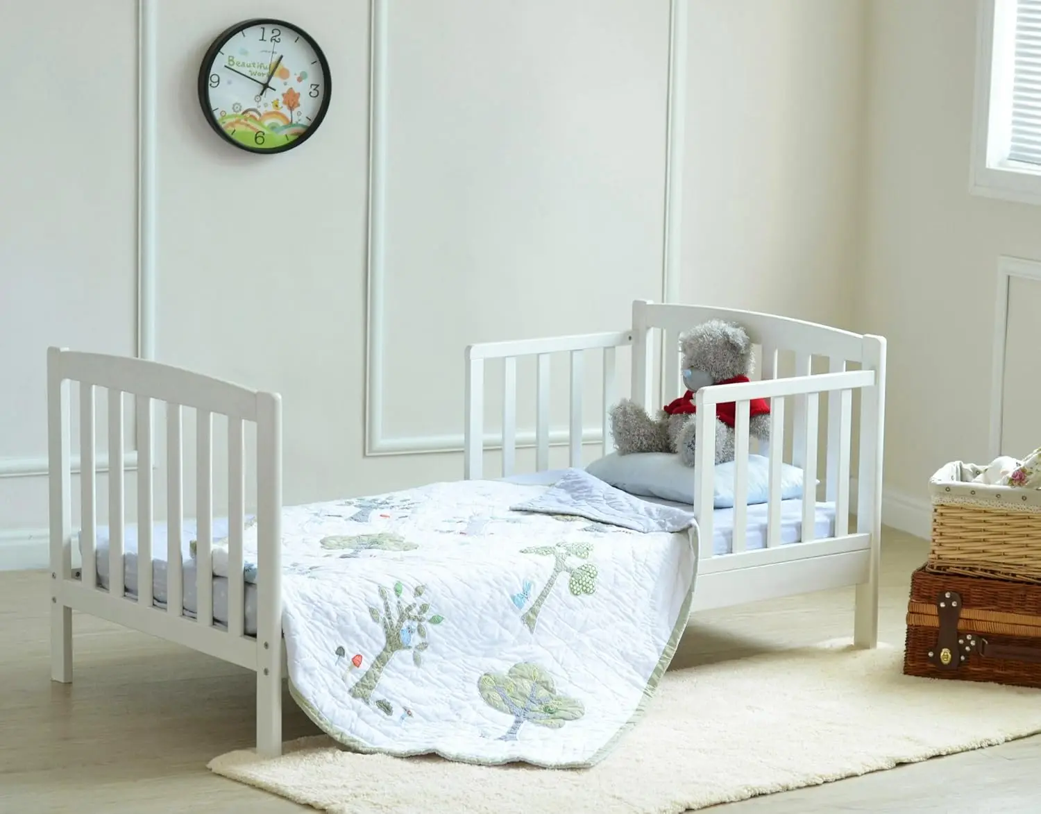 mcc direct White Solid Wooden Junior Toddler Kids Bed Montana with Foam Mattress and Safety Wooden Barrier (147 x 87.5 cm)