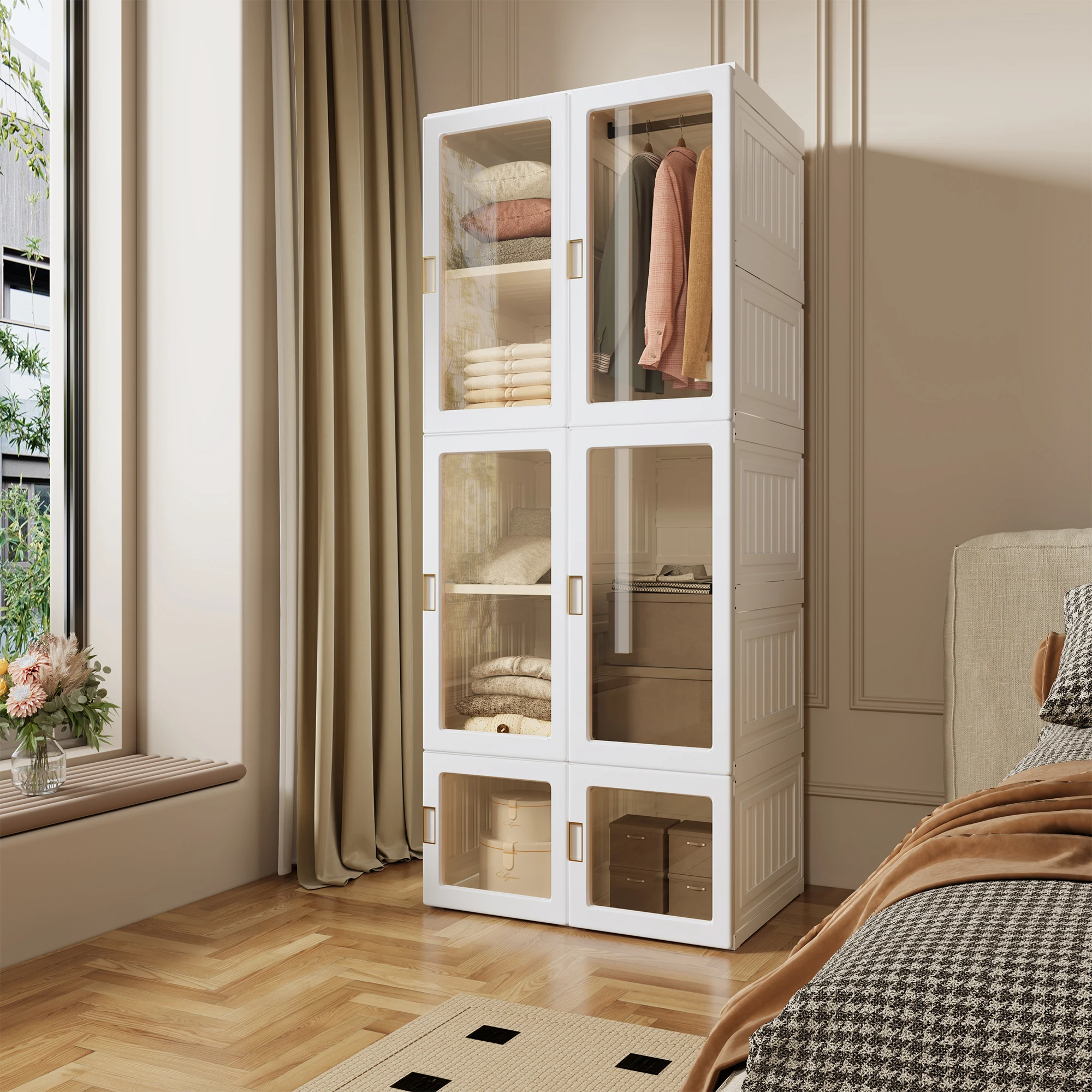 Armoire portable, grande armoire à 6 portes, 10 compartiments et penderies, robuste et facile à monter, armoire de salle de bain avec housse pour la chambre, blanche 69 x 170 x 50 cm