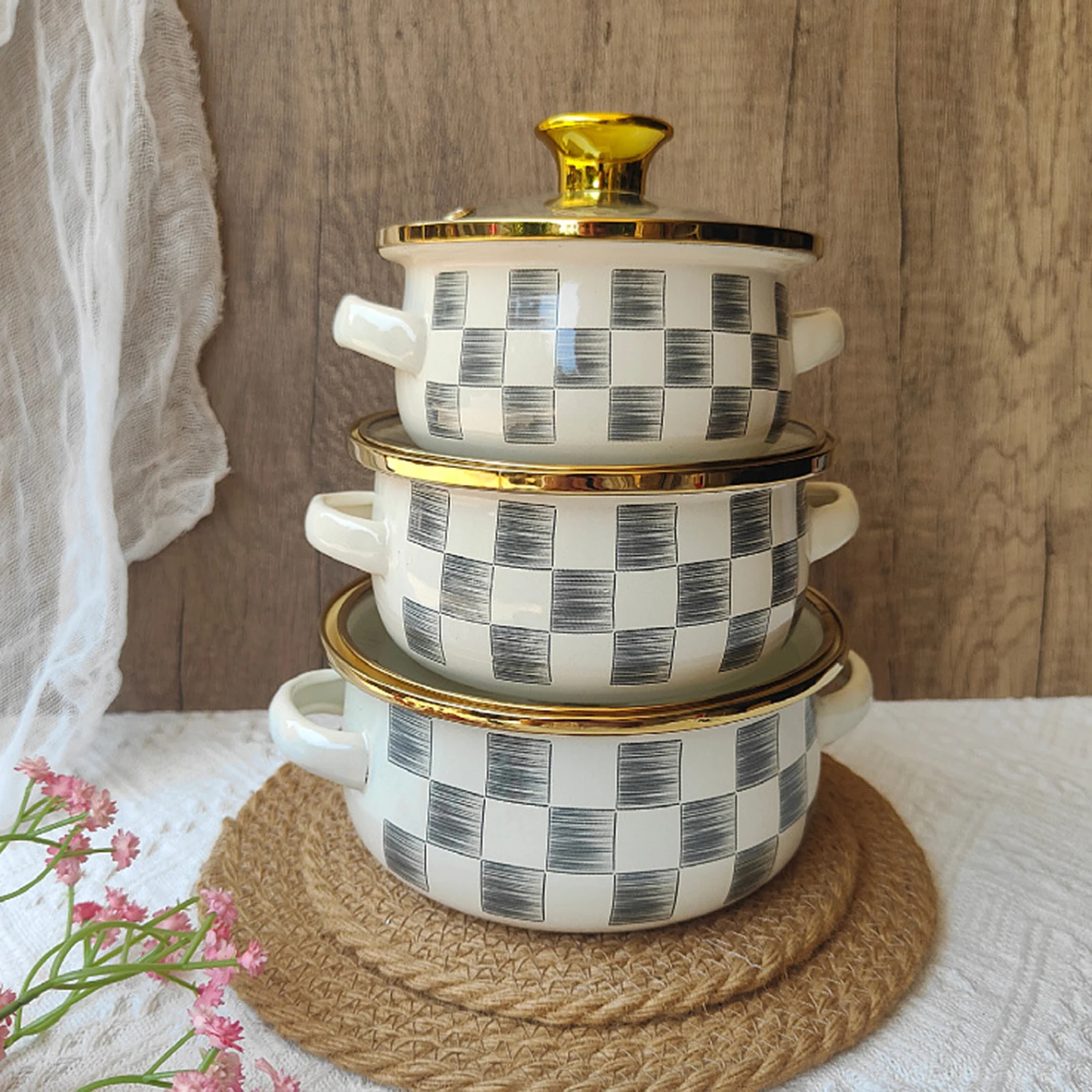 Juego de ollas esmaltadas de 3 uds., olla para sopa de ensalada de fideos instantáneos de doble oreja de fondo plano con tapa, vajilla redonda, ollas para sopa para el hogar