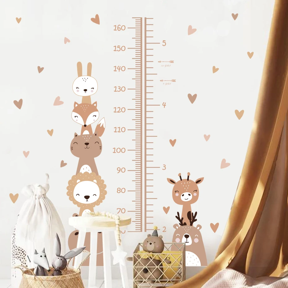 Regla de Medición de Altura para Bebés con Diseño Boho de León Sonriente, Animales y Corazones, Vinilos Decorativos para Cuarto Infantil, Decoración