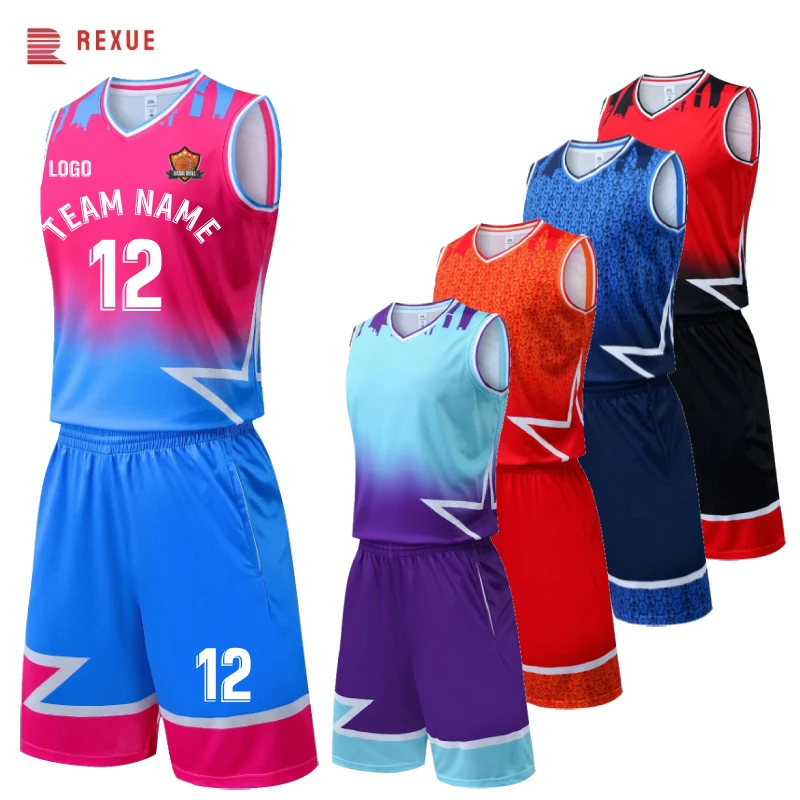 Wholesales Blank Custom Basketball Jerseys Star Design Blue Pink Basketball Jersey Uniform For Men Child Women Team Club Clothes