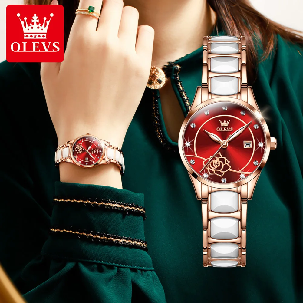 OLEVS Rose Gold Ceramic Japan Quartz movement Ladies Watch Elegant Fashion Luxury Luminous Valentine's Day Christma Gift