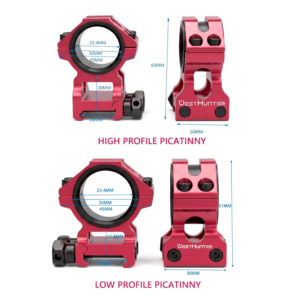 WESTHUNTER Universelle taktische Zielfernrohrhalterungen 25,4 mm/30 mm Doppelringe Vollständiger CNC-Prozess Picatinny 20 mm optische Sehenswürdigkeitenhalterungen – Detail 3