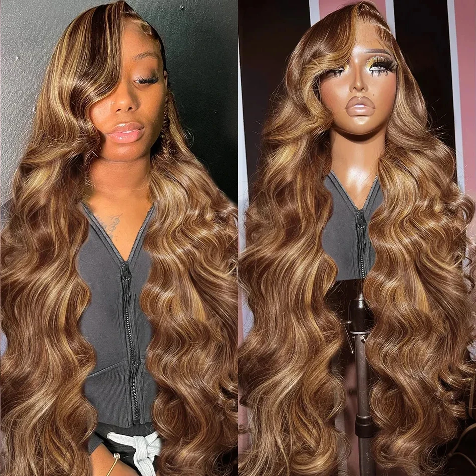 13x4 4/27 Colored Wigs Lace Front Human Hair Wigs 30 Inch Body Wave 13x6 Ombre Highlight HD Transparent Lace Frontal Wigs