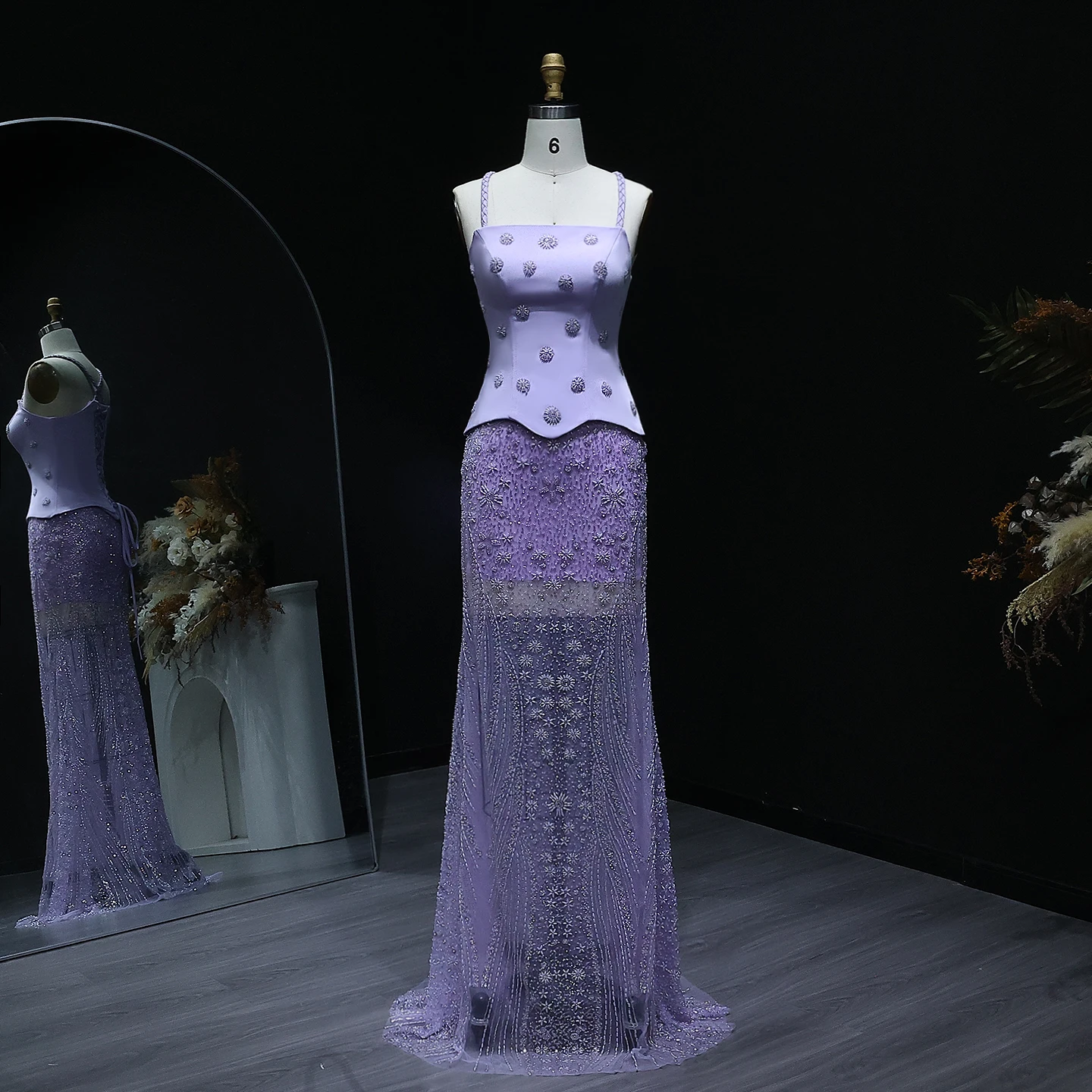 Sharon Said Atemberaubendes mintgrünes zweiteiliges Abendkleid mit Trägern, Salbeigrün-Flieder, Dubai Damen Hochzeitskleid SS697 Maßanfertigung – Detail 7