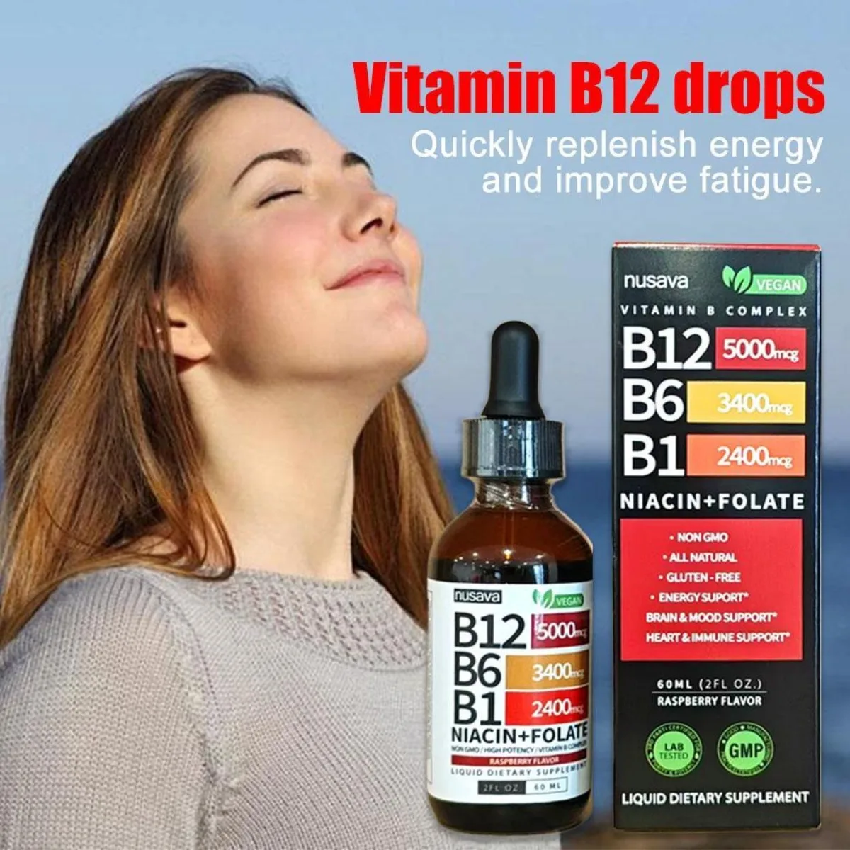 Nusava فيتامين B12، B6 وB1 قطرات سائلة 60 مل، مركب Sublingual B، يحتوي على نيكوتيناميد وحمض الفوليك، يدعم صحة الدماغ والقلب والجلد