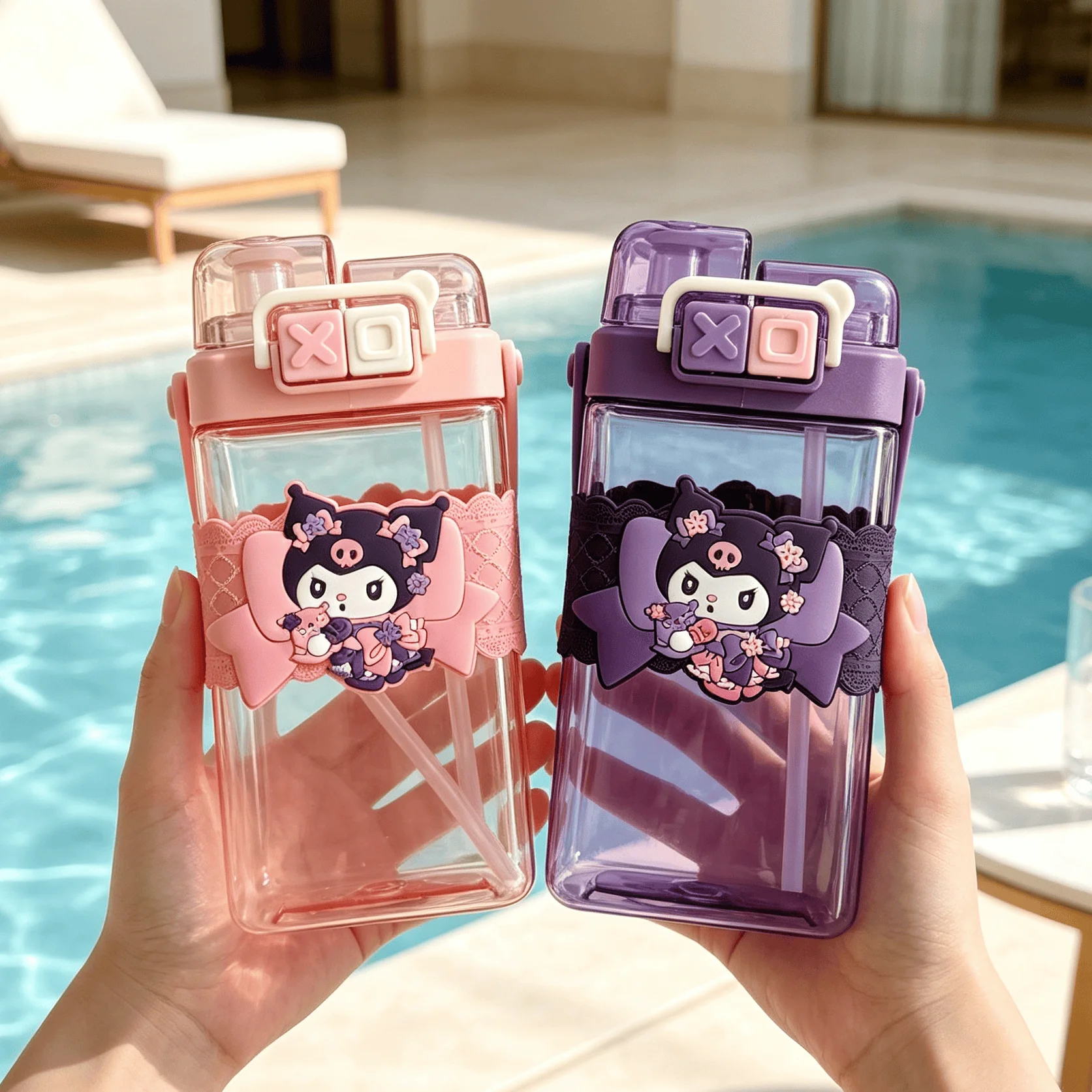 600ml Sanrio Kuromi Cute Water Bottle, Large Capacity Double Mouth High Beauty Square Drinking Cup, Portable Handle