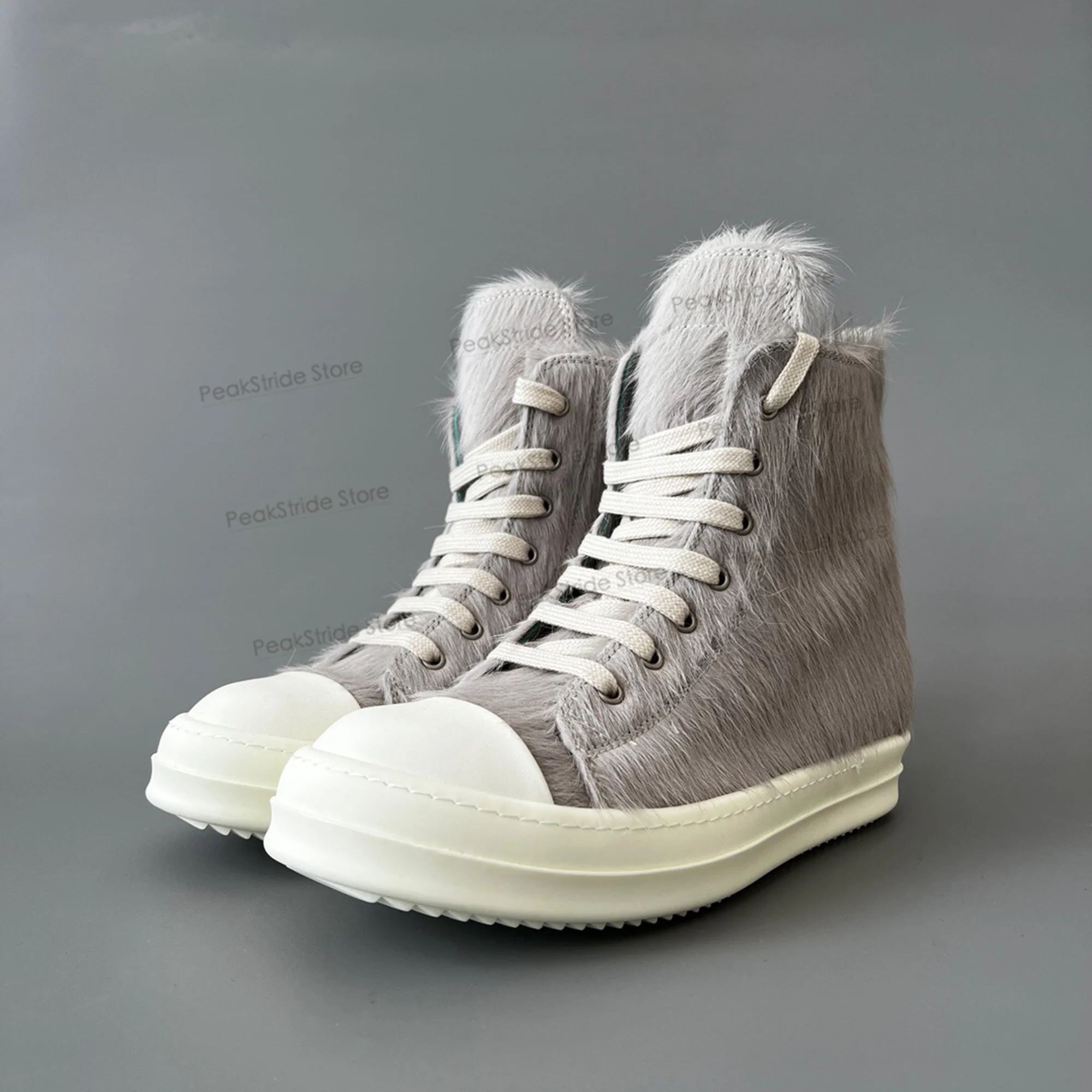 

Designer Luxury Horsehair High Top Sneakers for Women & Men, Trendy Furry Leather Ankle Boots, Gray Casual Fashion Shoes