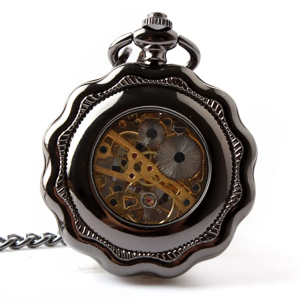 Fashion Chic Black Vintage Pocket Watch Mechanical Hand-winding  Men Ladies Hollow Pocket Watch Necklace Sweater Chain Clock New