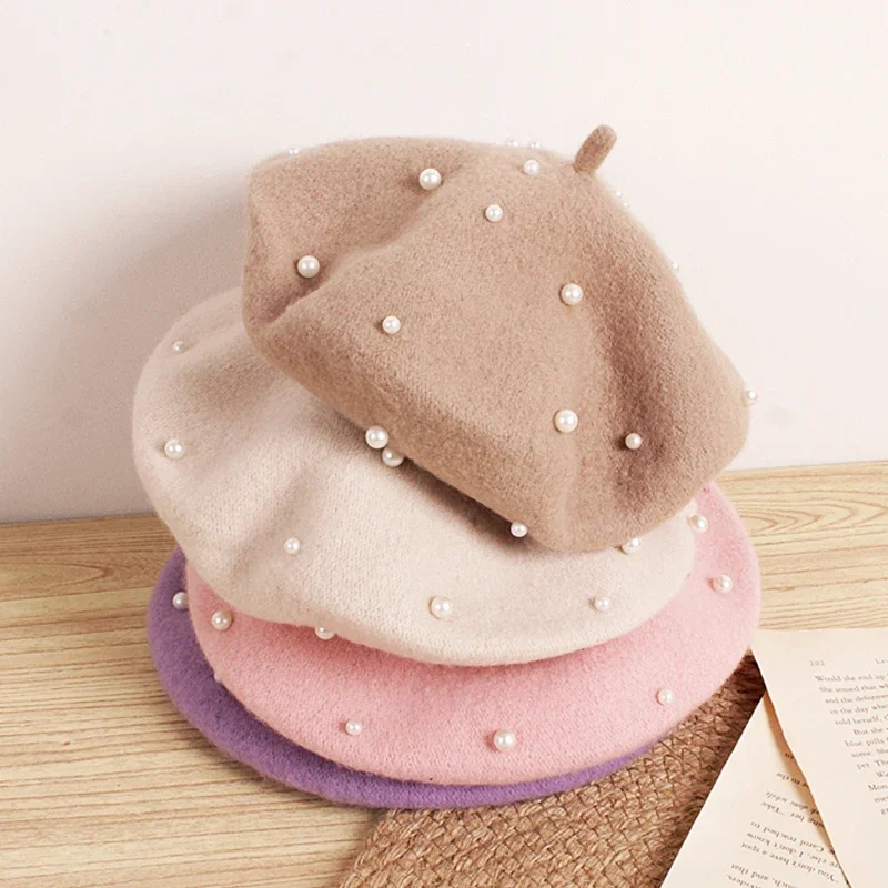 Wolle Kinder Winter mütze für Mädchen Retro Baby Baskenmütze Hüte mit Perlen Herbst Winter Kinder Mütze für Kinder Accessoires 2-6y