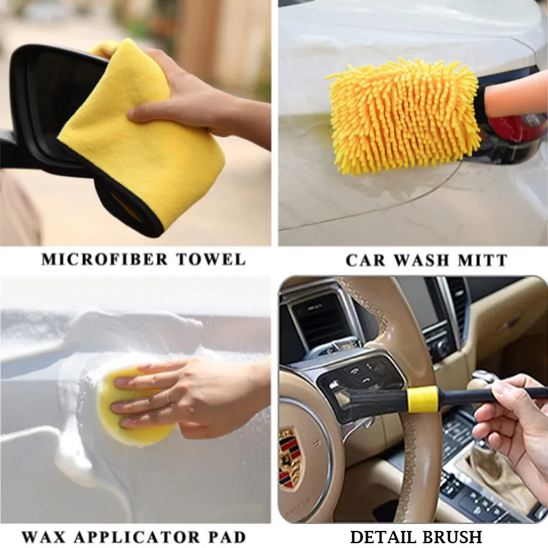 Set completo da 21 pezzi per la pulizia e la cura dell’auto, con spazzola per trapano, spazzole per la pulizia dettagliata, panni in microfibra, guanto per il lavaggio, spatola, tamponi per la