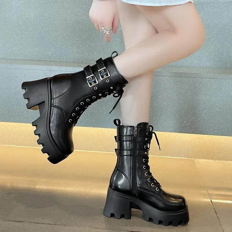 Punk Women's Boots Buckle Platform Boots for Women Mid-calf Gothic Boots Autumn Ladies Motorcycle Boots Pu Leather Plus Size 42
