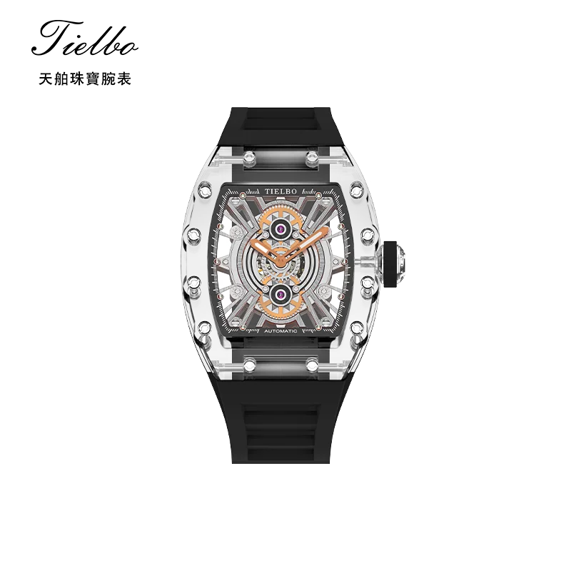 Mechanical watches TIELBO automatic menโs wrist watches crystal skeleton transparent watches wine barrel free smart watch