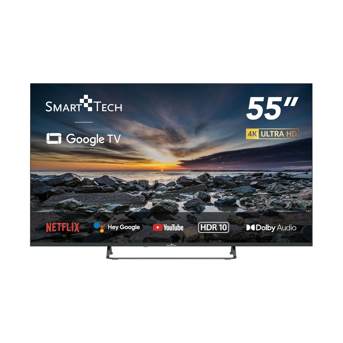 Smart Tech 55 UG10V3 55 بوصة Ultra HD 4K Smart HDR Google TV، Dolby Audio، Wi-Fi، Bluetooth، Chromecast، أسود