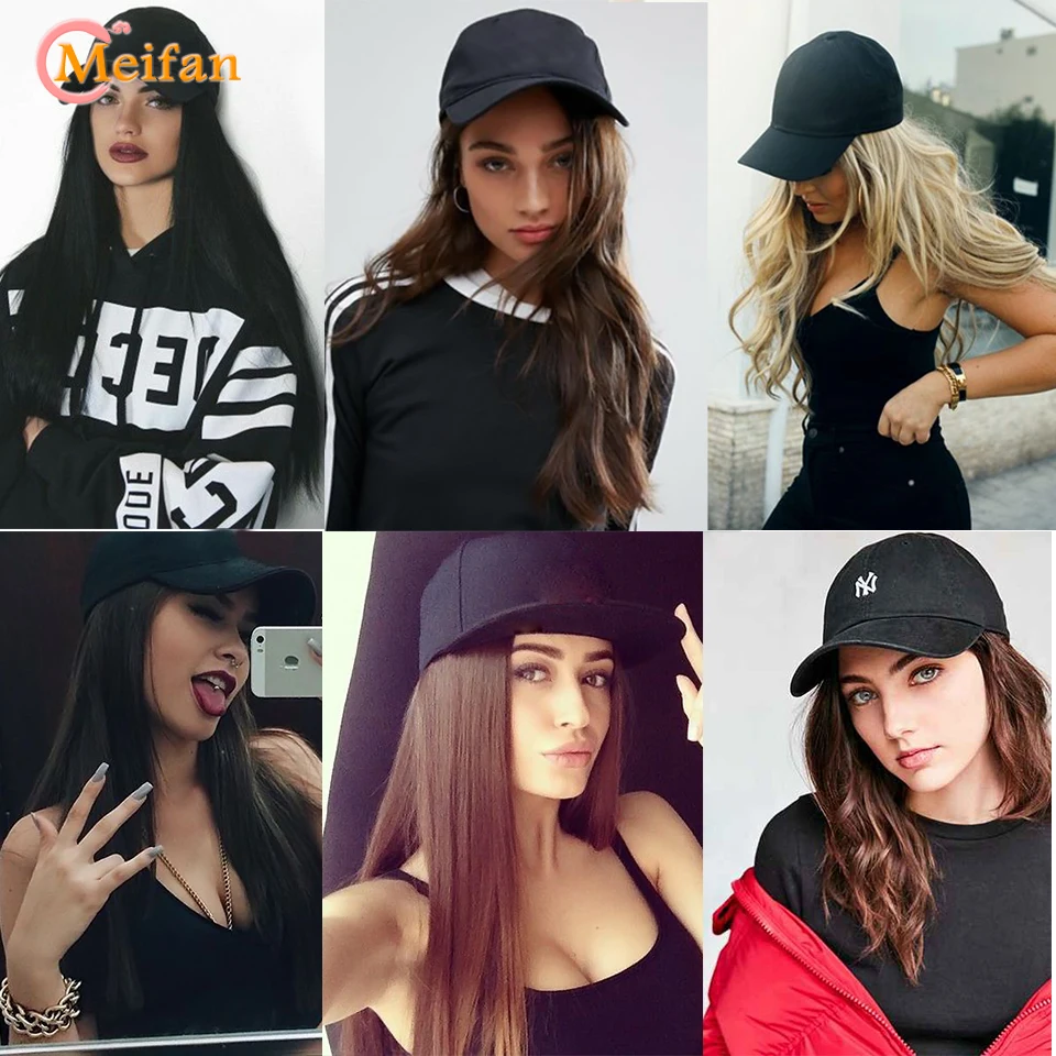 MEIFAN Long Wavy Synthetic Wig Baseball Cap with Hair extensions Hat Wigs Bone Black Natural Connect Wig Adjustable for women