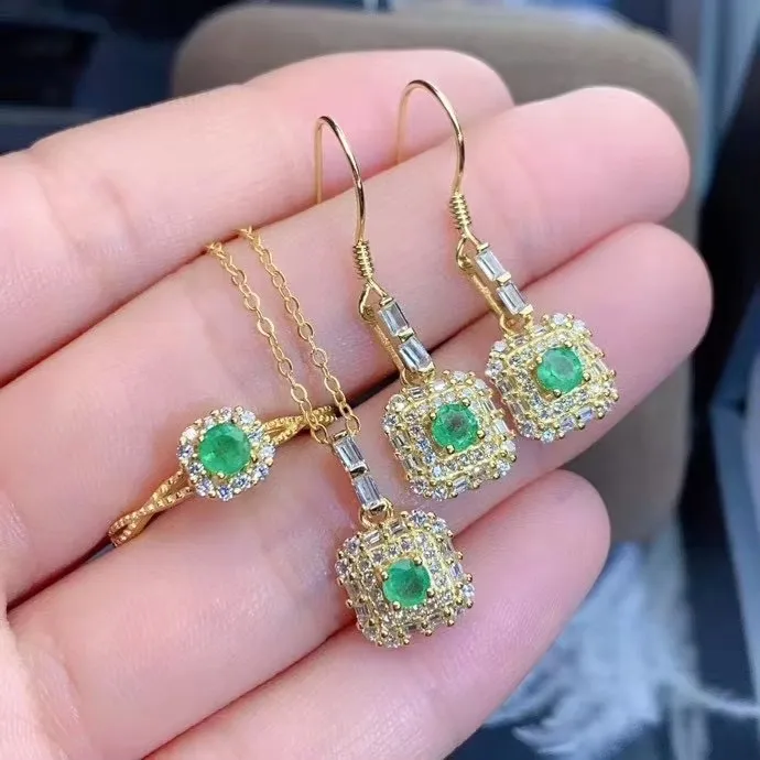 KJJEAXCMY Fine Jewelry 925 sterling silver inlaid natural gemstone emerald ring pendant earring set Electroplated 18K gold