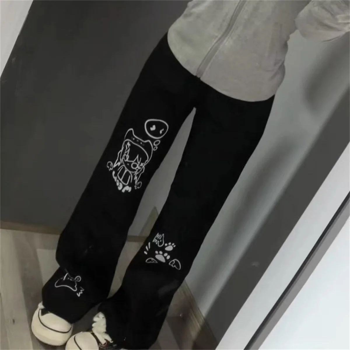 일본 와이드 레그 카고 팬츠 여성 만화 프린트 프레피 스타일 팬탈로네스 무헤르 Y2K 에스테틱 그런지 포켓 조거 팬츠 스웨트팬츠