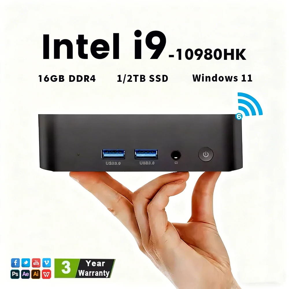 Mini PC Intel Core I9-10980HK/Core I3-6100, Computador Mini Portátil com Windows 11 Pro, 16GB DDR4, 1TB/2TB SSD, WIFI 6, BT5.2, PC para Jogos e